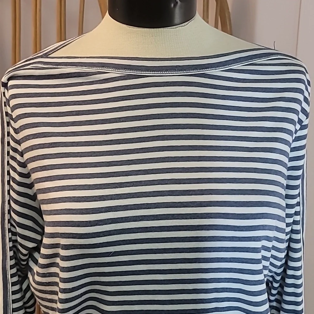 Chaps Denim brand pullover 3/4 sleeve blue white striped boatneck shirt size 2X - Picture 2 of 13